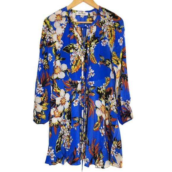 Diane Von Furstenberg Dress Floral Print Silk Cinch Long Sleeve Mini Blue XS - Picture 4 of 10
